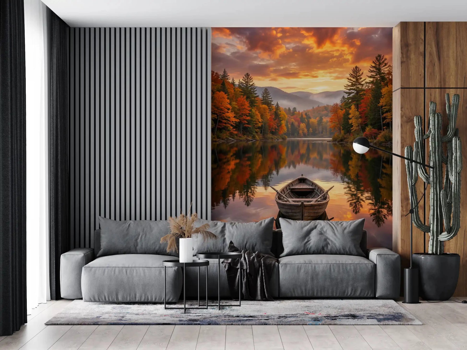 Autumn Lake Serenity Wall Mural set within a dark lounge alcove with cozy seating, GD8932