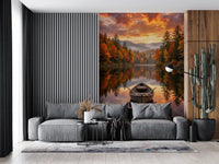 Autumn Lake Serenity Wall Mural set within a dark lounge alcove with cozy seating, GD8932