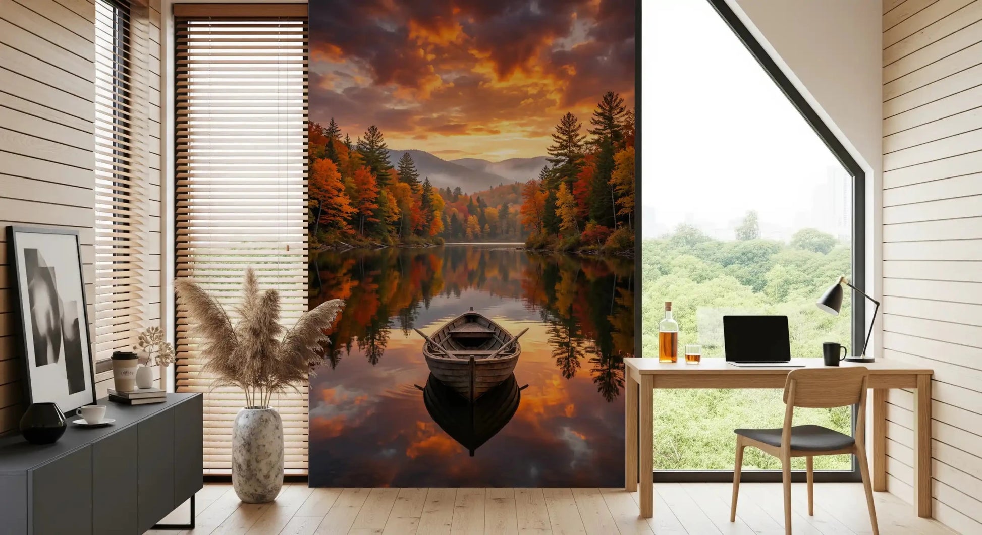 Autumn Lake Serenity Wall Mural placed Home office  in a bright open hall, GD8932