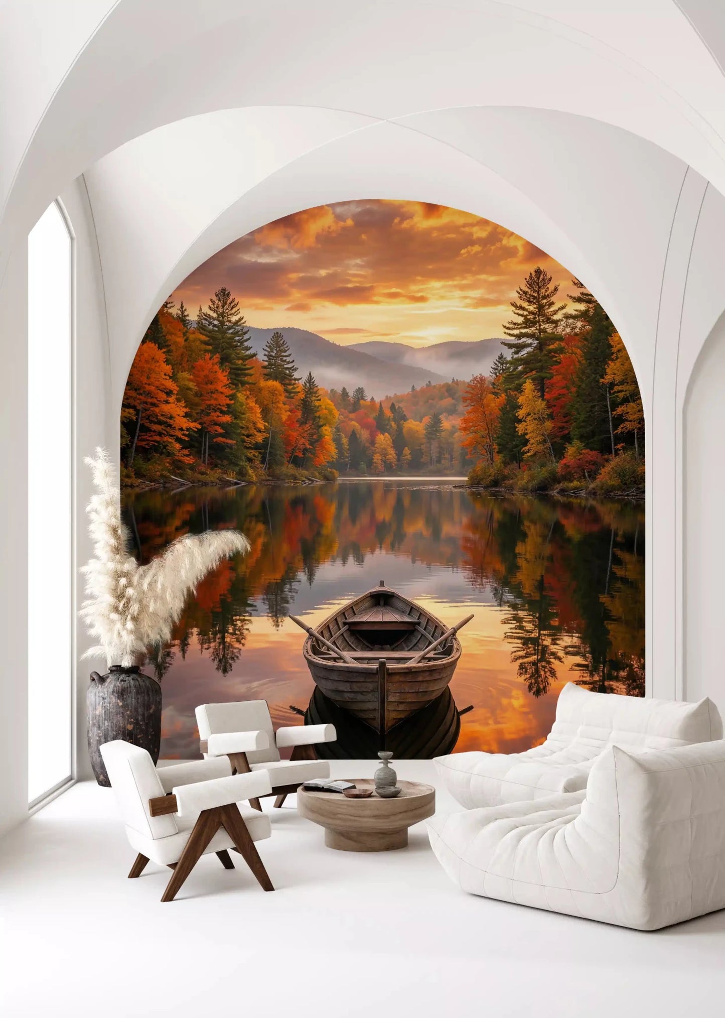 Arched niche featuring Autumn Lake Serenity Wall Mural and a soft sculptural chair, GD8932