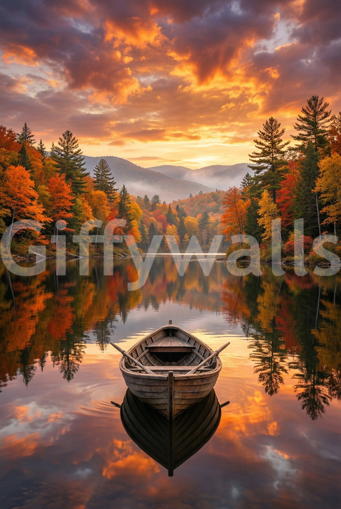 Golden sky and vivid fall trees define the Autumn Lake Serenity Wall Mural scene, GD8932