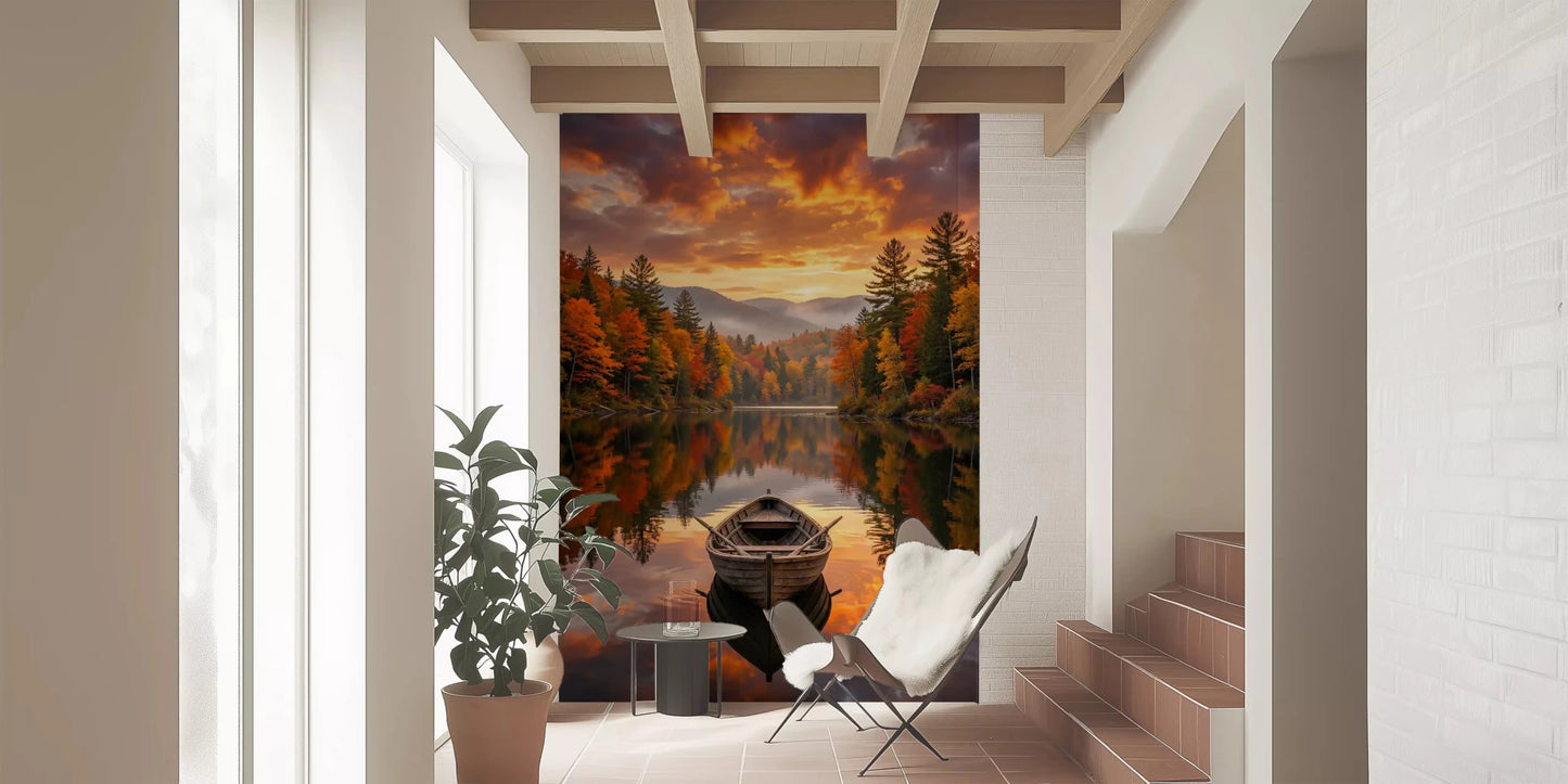Entryway section with Autumn Lake Serenity Wall Mural in a tall neutral hallway, GD8932