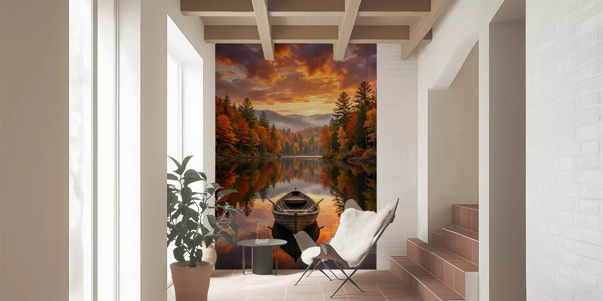 Entryway section with Autumn Lake Serenity Wall Mural in a tall neutral hallway, GD8932