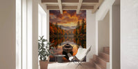 Entryway section with Autumn Lake Serenity Wall Mural in a tall neutral hallway, GD8932