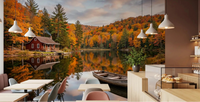 Café dining area up into Autumn Lakeside Dream wall mural with red cabin views.
GD9540