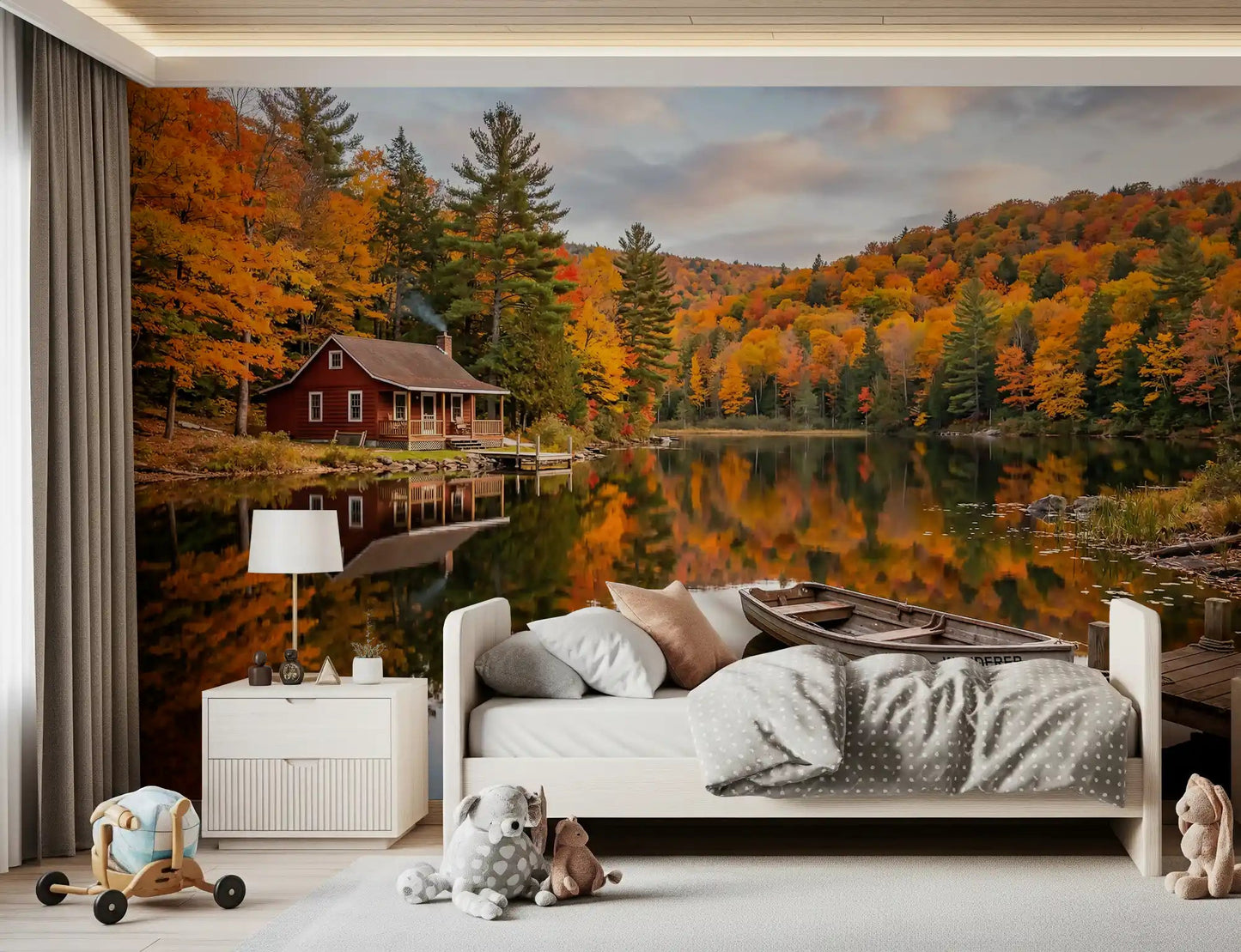Kids room rests under Autumn Lakeside Dream wall mural with mirrored lake view.GD9540
