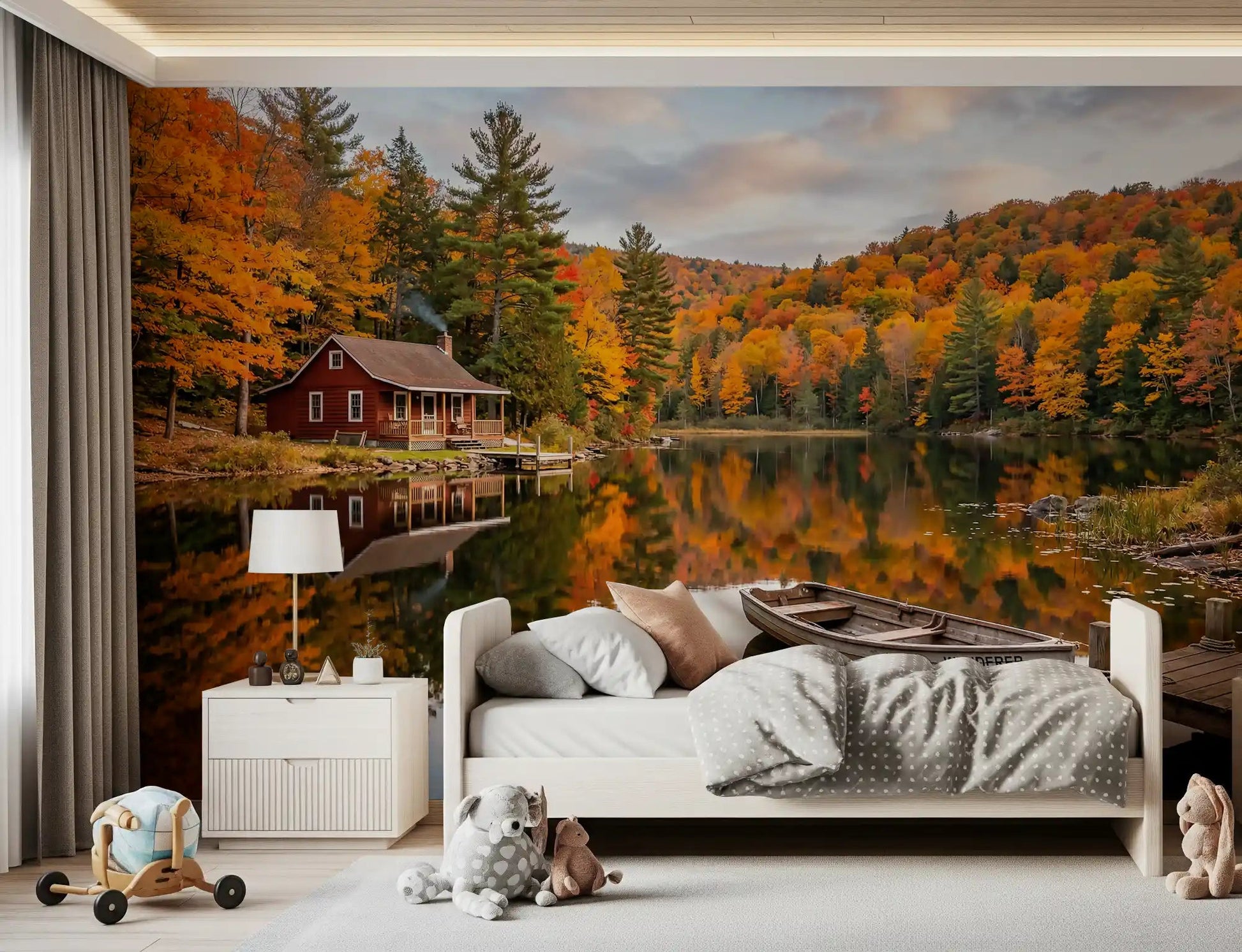 Kids room rests under Autumn Lakeside Dream wall mural with mirrored lake view.GD9540