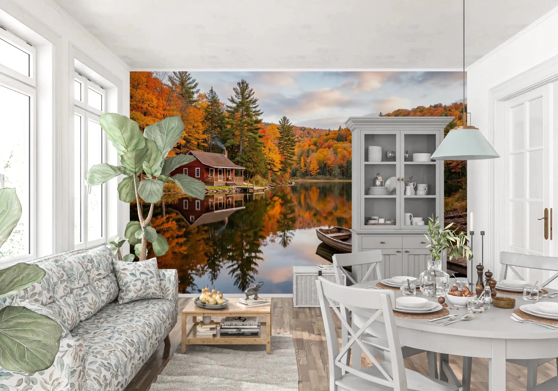 A red wooden cabin sits beside the lake in Autumn Lakeside Dream wall mural.GD9540