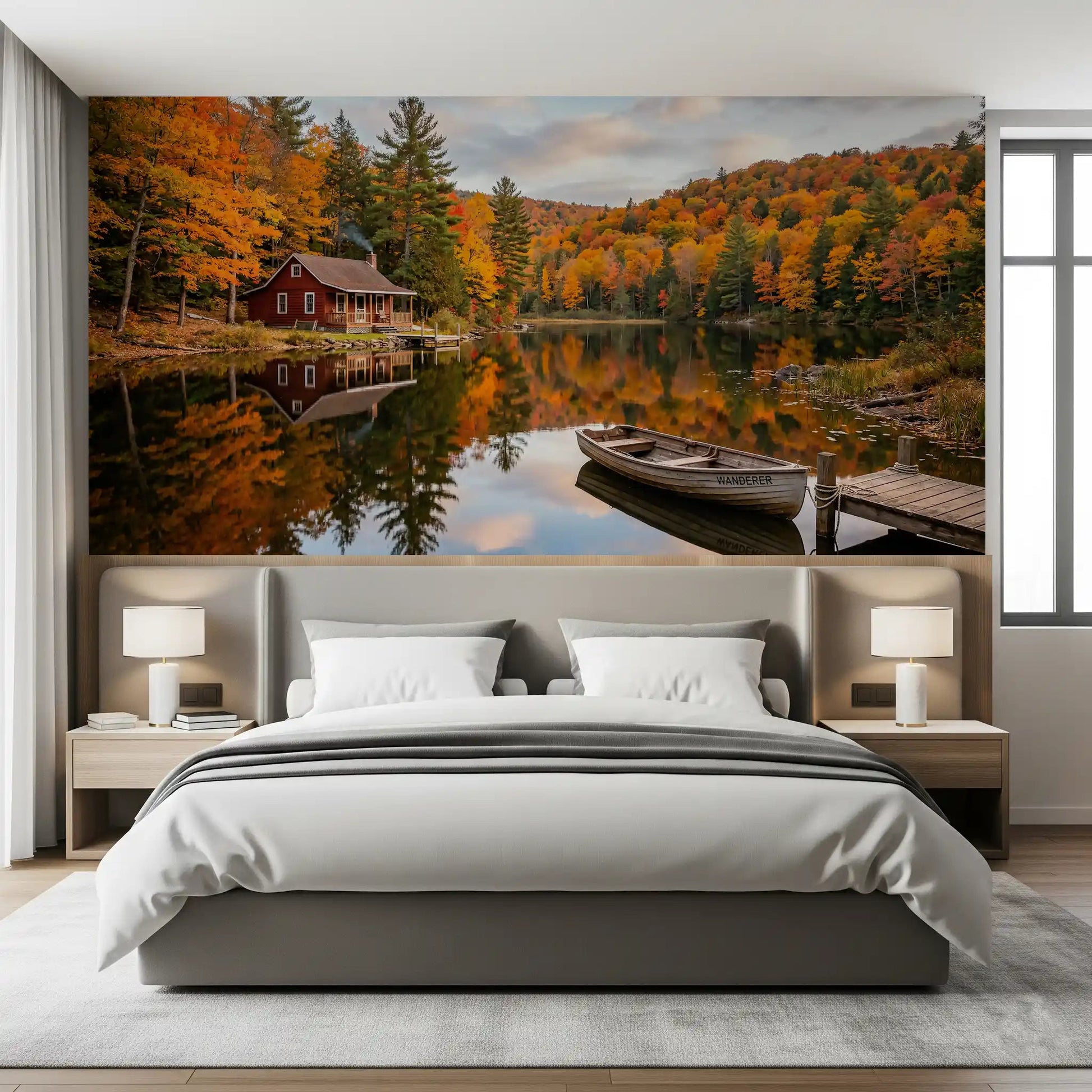 Autumn forests glow behind a bedroom in Autumn Lakeside wall mural.
GD9540