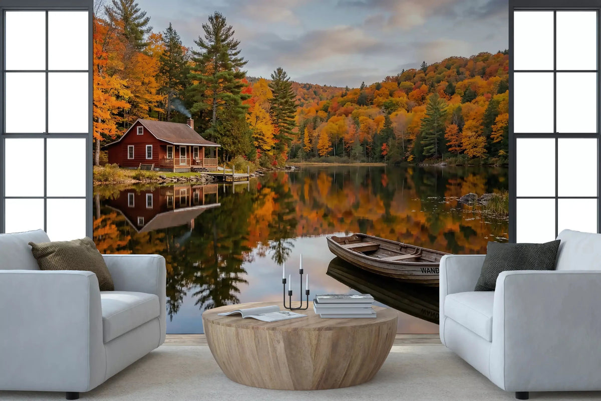 Autumn Lakeside Cabin Wall Mural | Serene Fall Landscape