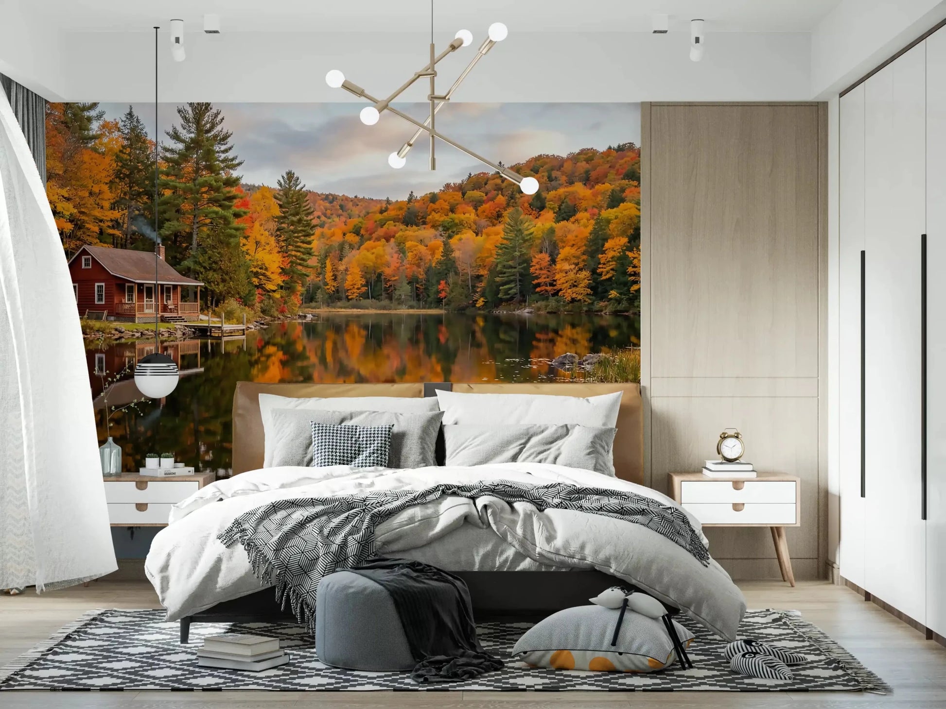 Bedroom feel warm with the fall scene of Autumn Lakeside Dream wall mural.GD9540