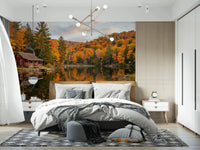 Bedroom feel warm with the fall scene of Autumn Lakeside Dream wall mural.GD9540