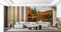 Calm water mirrors the fall forest across Autumn Lakeside Dream wall mural.GD9540