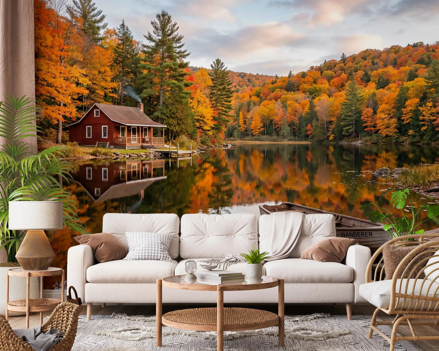 Living room glows softly beneath Autumn Lakeside wall mural in fiery fall tones.
GD9540