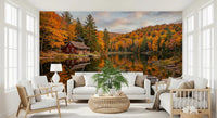 A small rowboat rests near a jetty in Lakeside Dream wall mural.GD9540