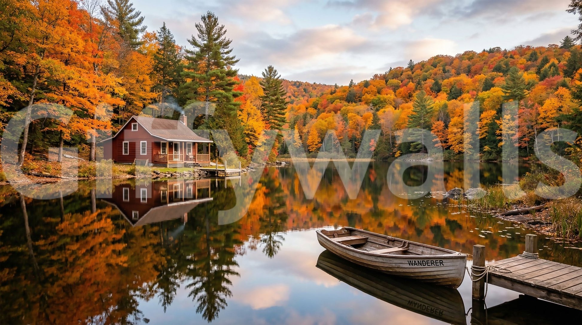 Soft cloudy skies sit above the trees of Autumn Lakeside wall mural.GD9540
