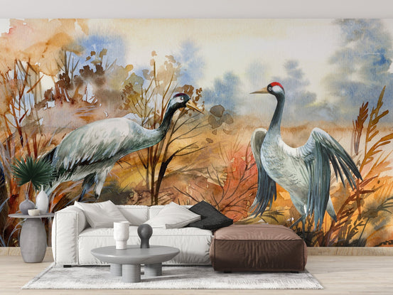 Autumn landscape & crane birds watercolor wallpaper A154
