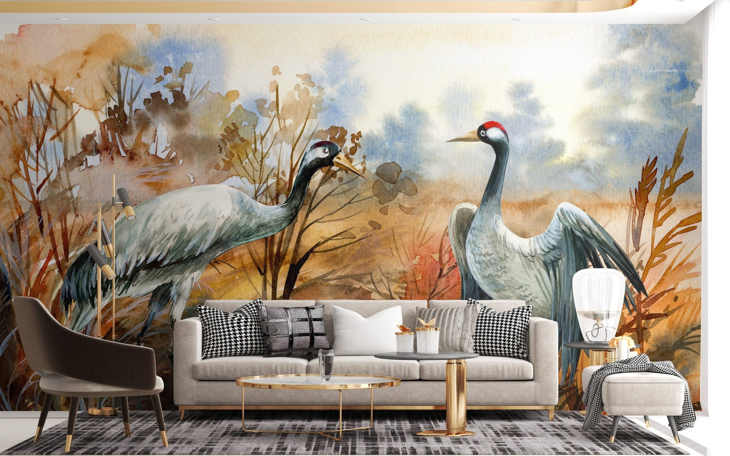 Autumn landscape & crane birds watercolor wallpaper - Giffywalls