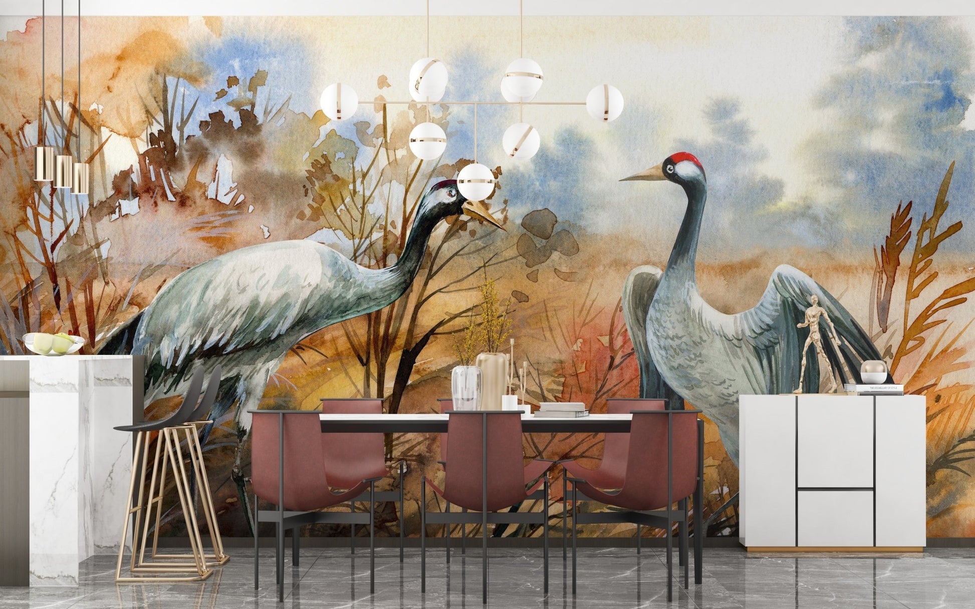 Autumn landscape & crane birds watercolor wallpaper - Giffywalls