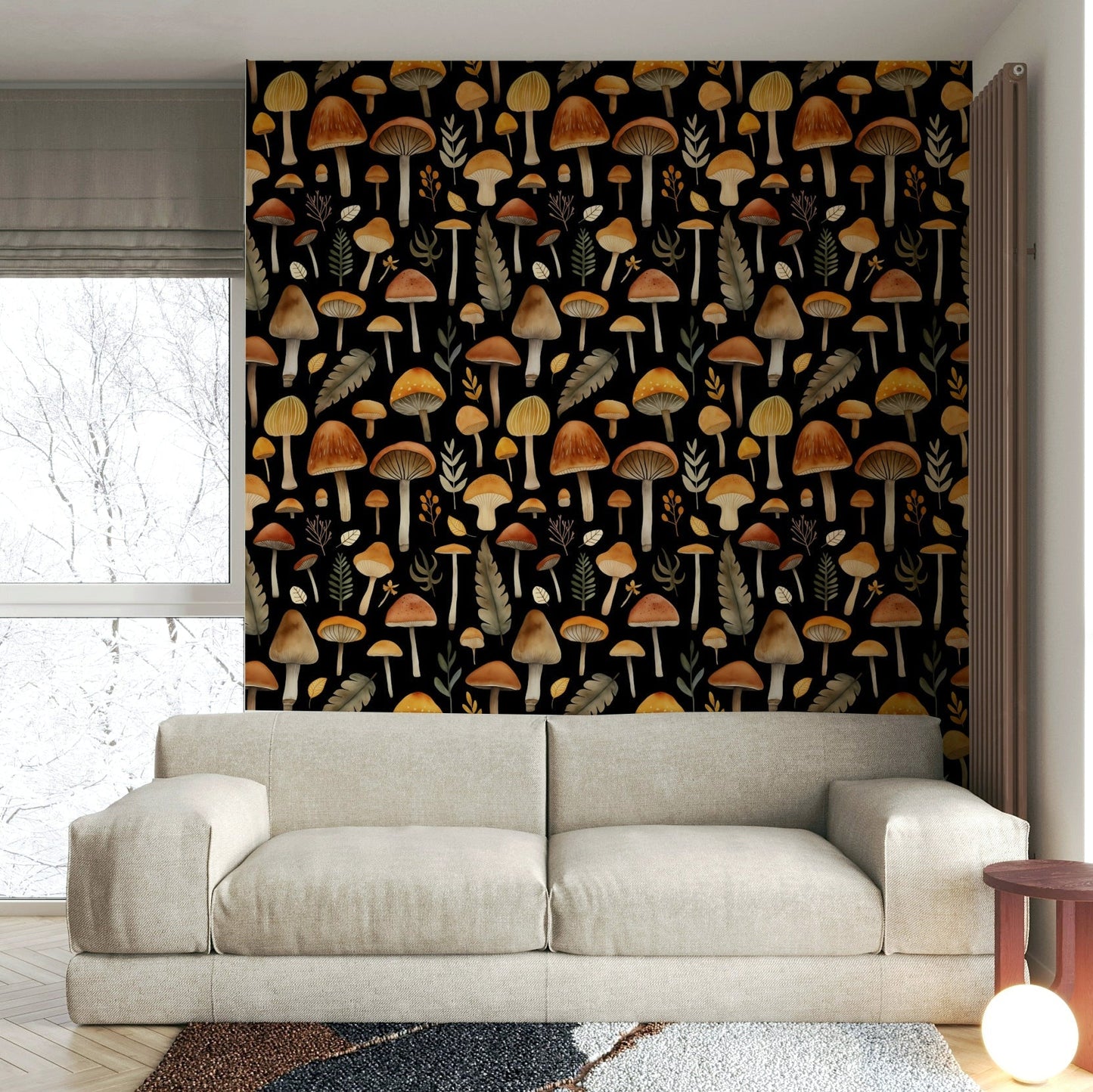 Autumn Mushroom Forest Whimsy Watercolor Pattern Black Wallpaper on a wall GD4036

