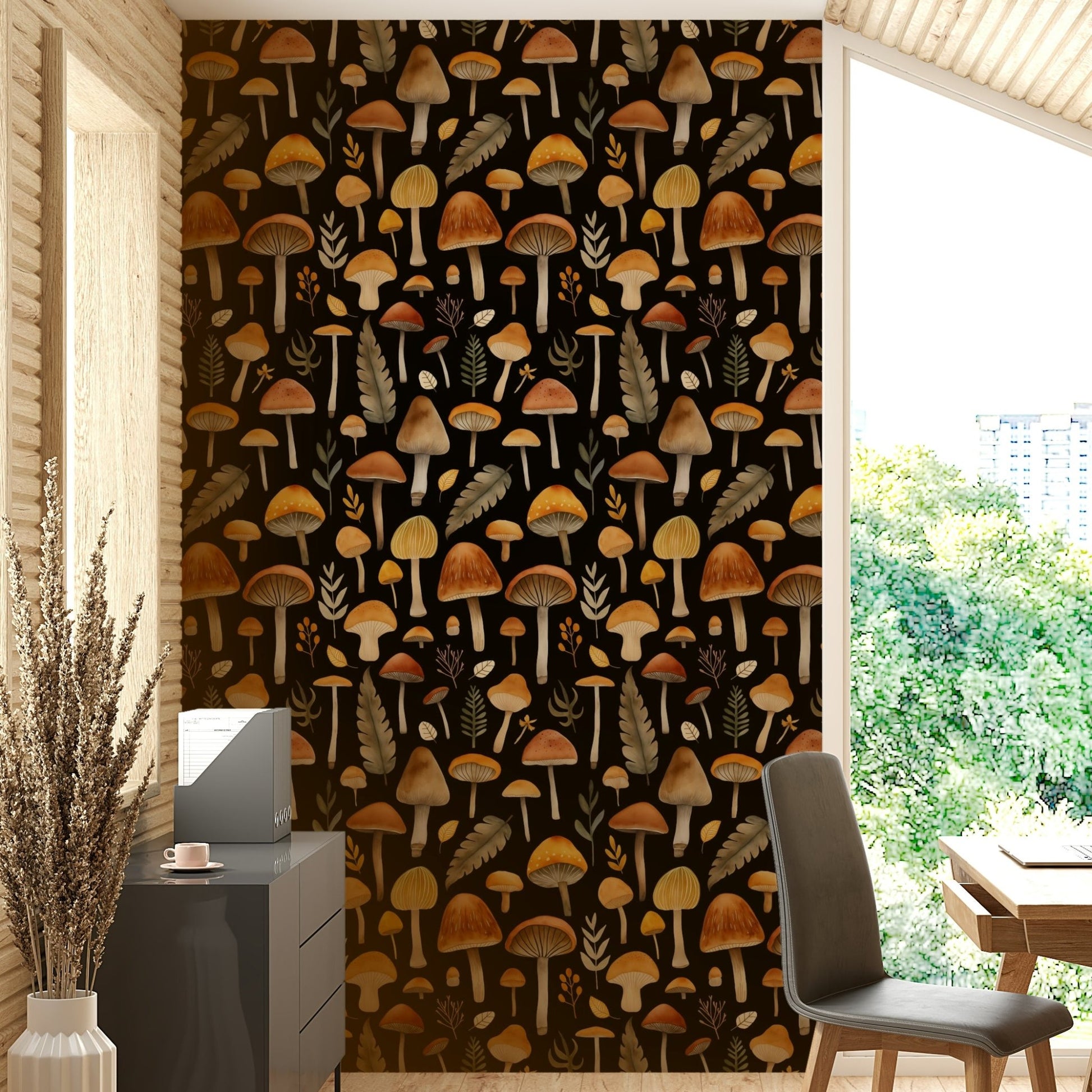 An angled shot of a wall with dark, whimsical wallpaper GD4036

