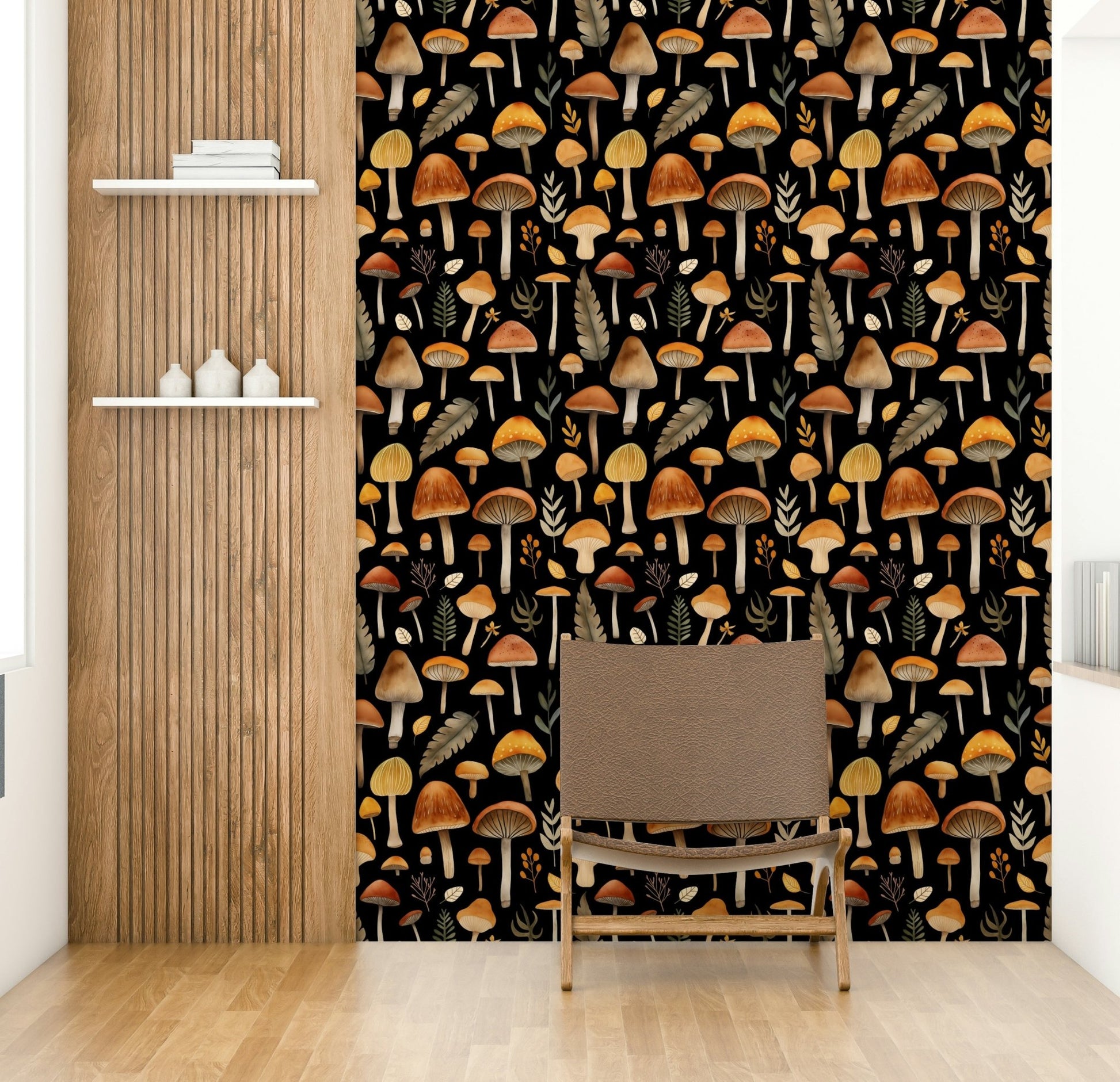 Autumn Mushroom Forest Whimsy Watercolor Pattern Black Wallpaper on a wall

