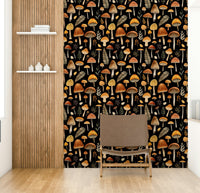 Autumn Mushroom Forest Whimsy Watercolor Pattern Black Wallpaper on a wall

