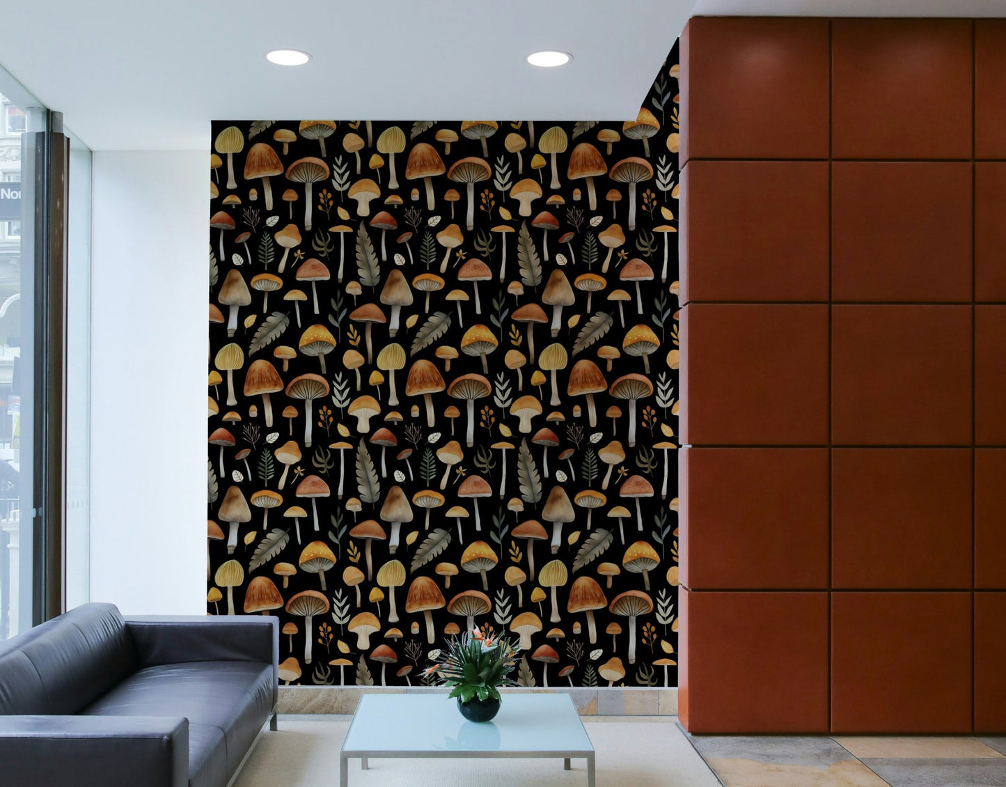 A bedroom decorated with an autumn mushroom mural

