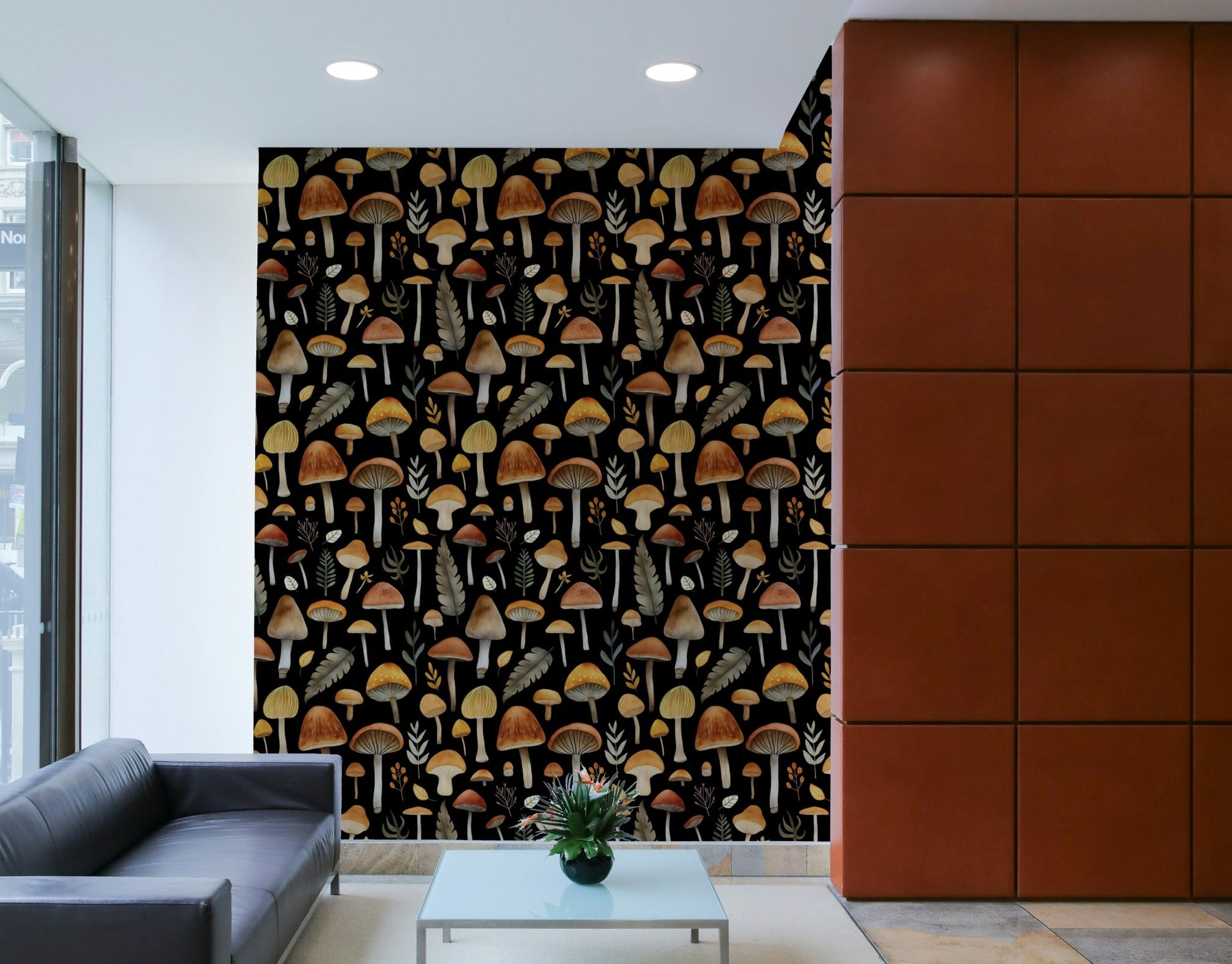 A bedroom decorated with an autumn mushroom mural

