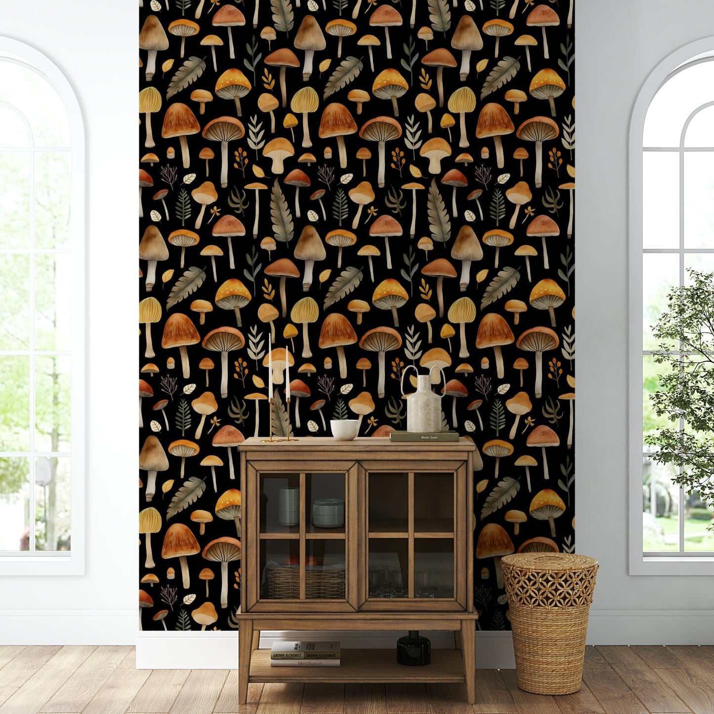 Close-up of a whimsical mushroom and leaf pattern

