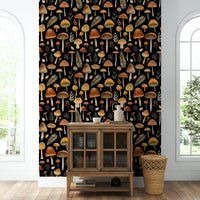 Close-up of a whimsical mushroom and leaf pattern

