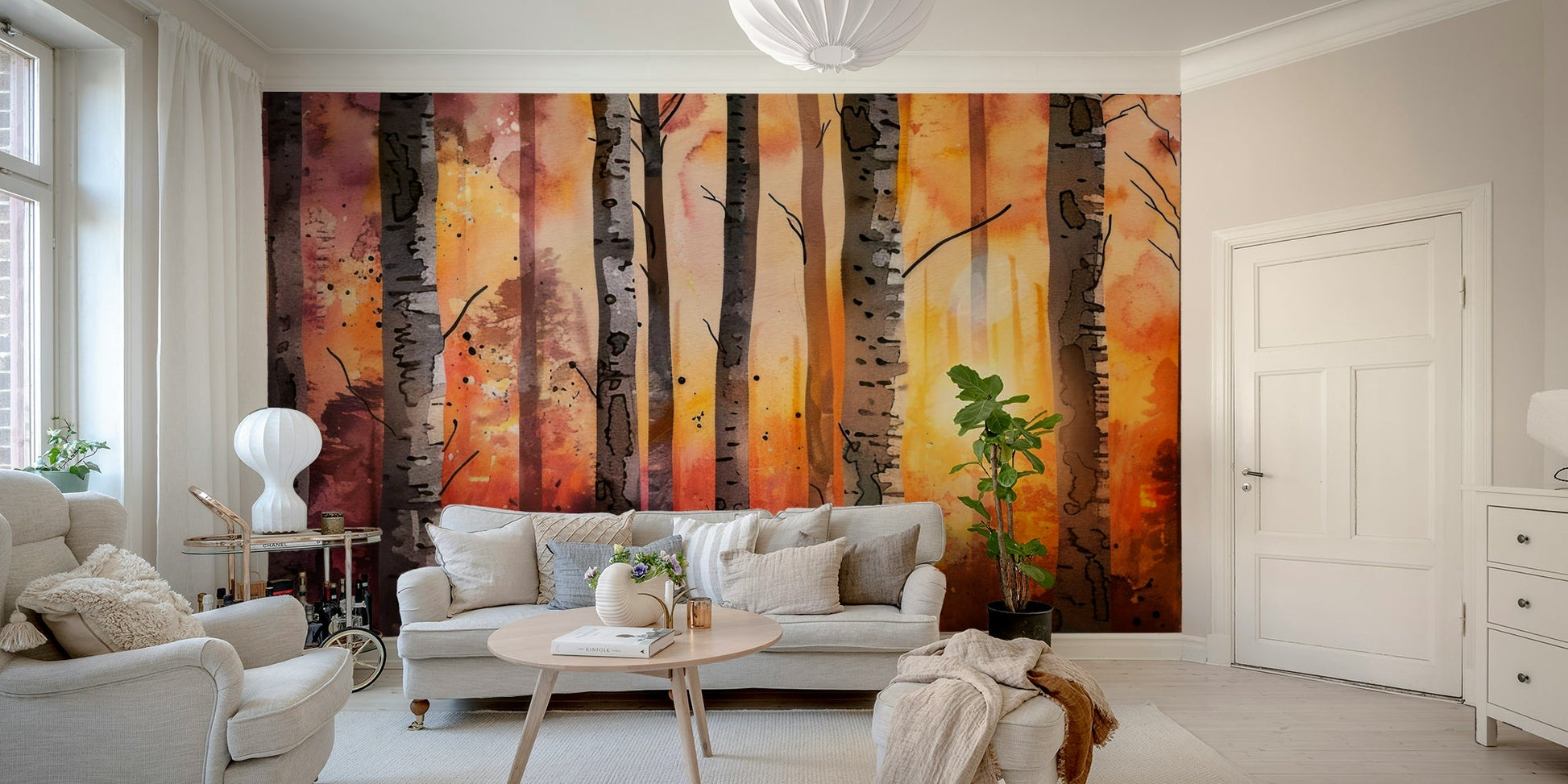 Autumn Nordic Birch Forest Sundown wall mural on wall

