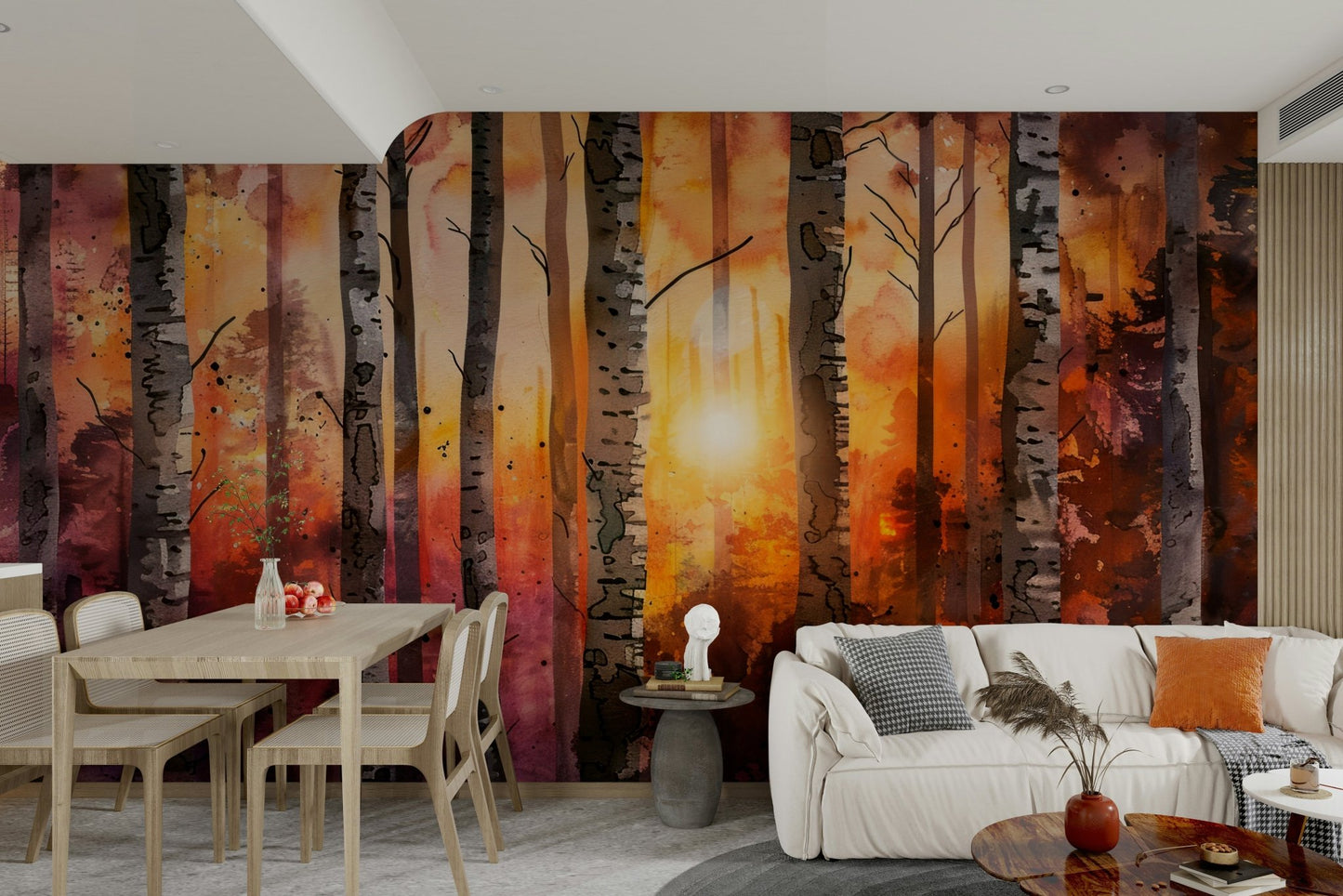 Study space with birch forest wall mural

