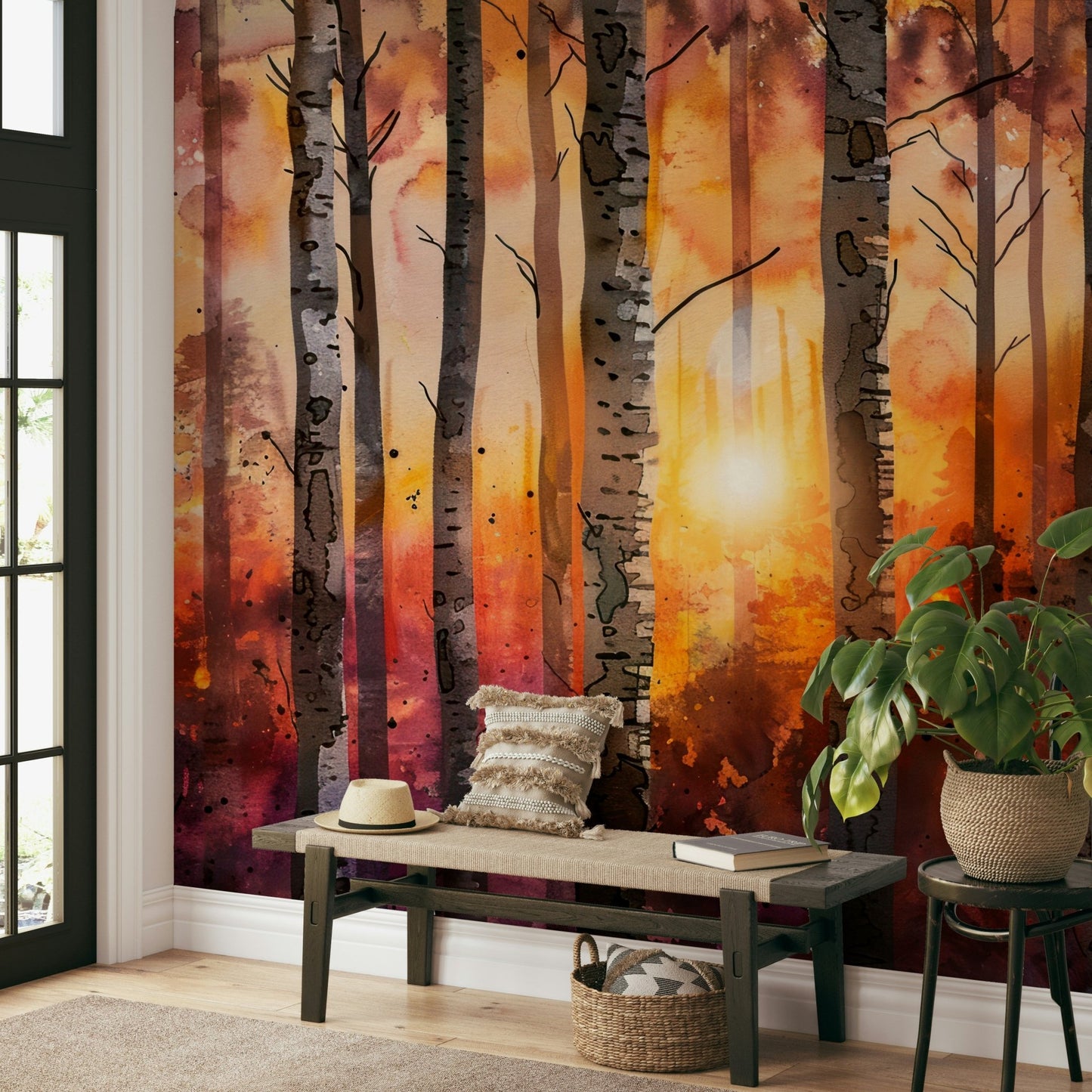 Living room accent with cozy woodland mural

