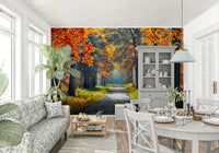 Framed beside large windows, Autumn Path Wall Mural opens the room with forest depth