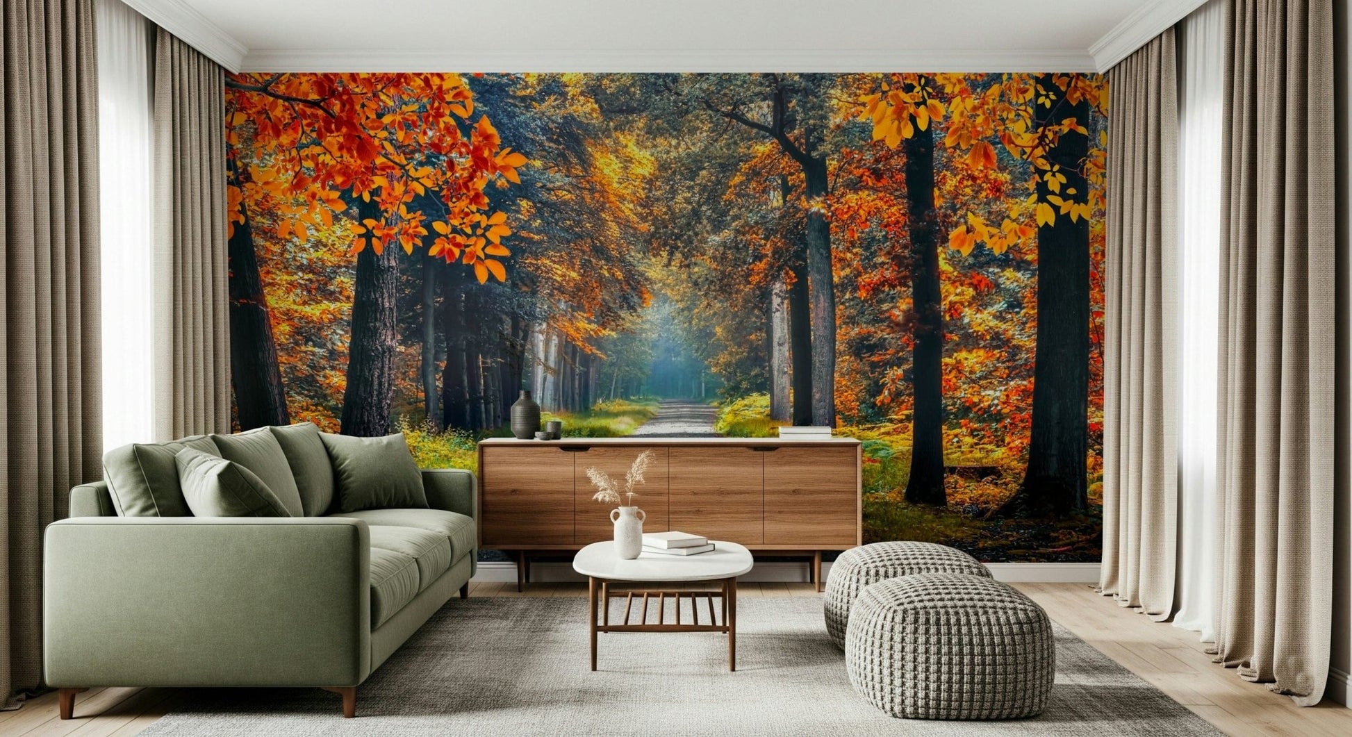 A clean interior gains woodland charm from Autumn Path Wall Mural and orange foliage