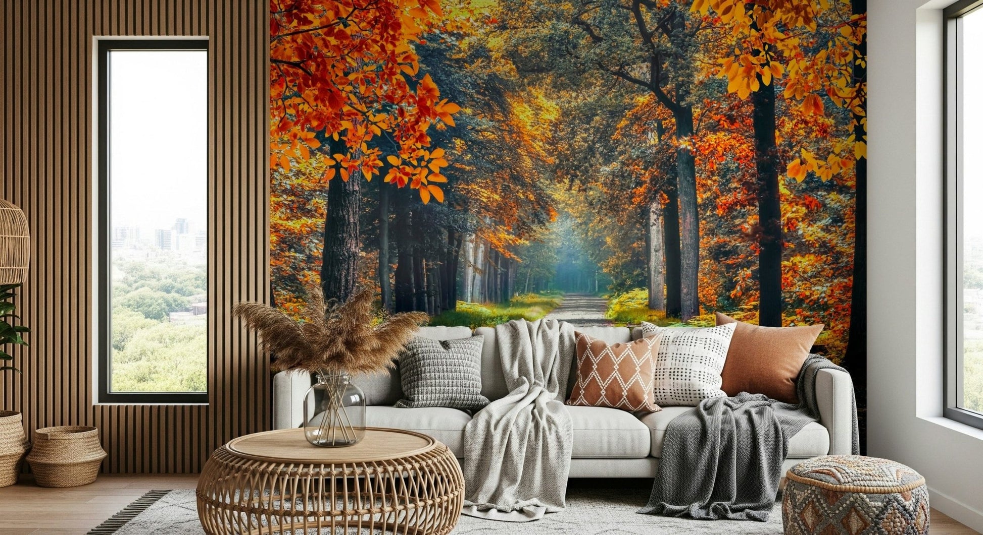 Autumn Path Wall Mural brings rich seasonal depth into this bright modern living room