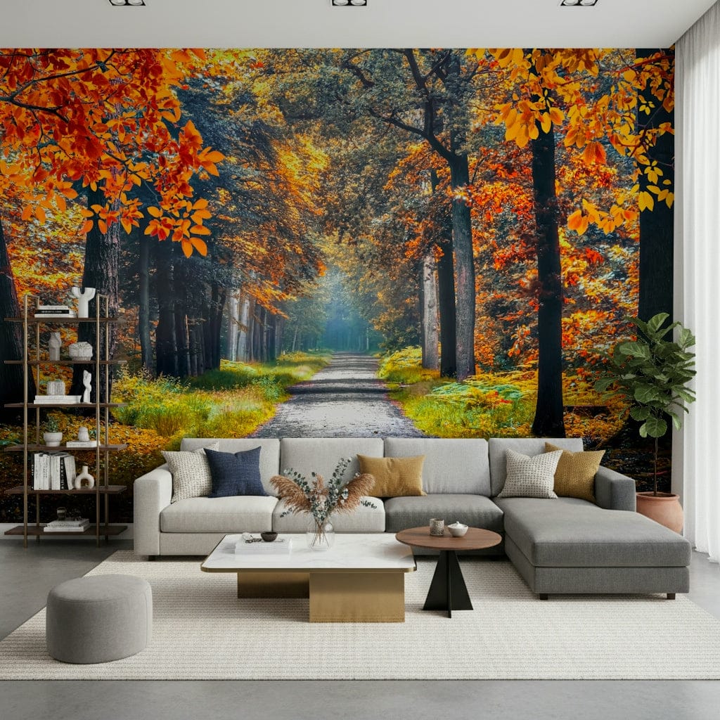 In this light-filled sitting space, Autumn Path Wall Mural creates a peaceful nature feature