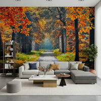 In this light-filled sitting space, Autumn Path Wall Mural creates a peaceful nature feature
