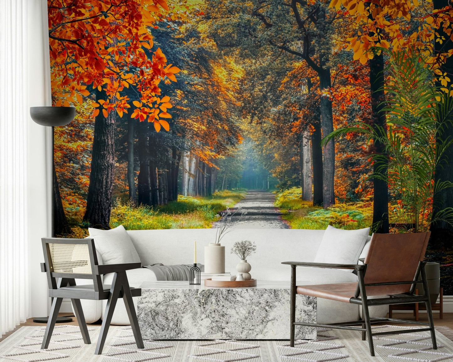 This dining corner feels more inviting with Autumn Path Wall Mural and autumn scenery