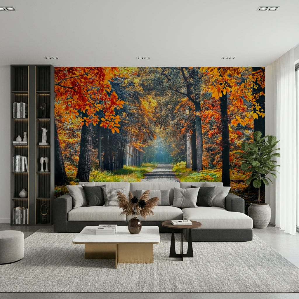 A soft hallway feels cozier with Autumn Path Wall Mural and its glowing woodland view