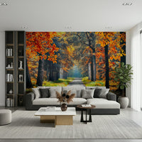 A soft hallway feels cozier with Autumn Path Wall Mural and its glowing woodland view