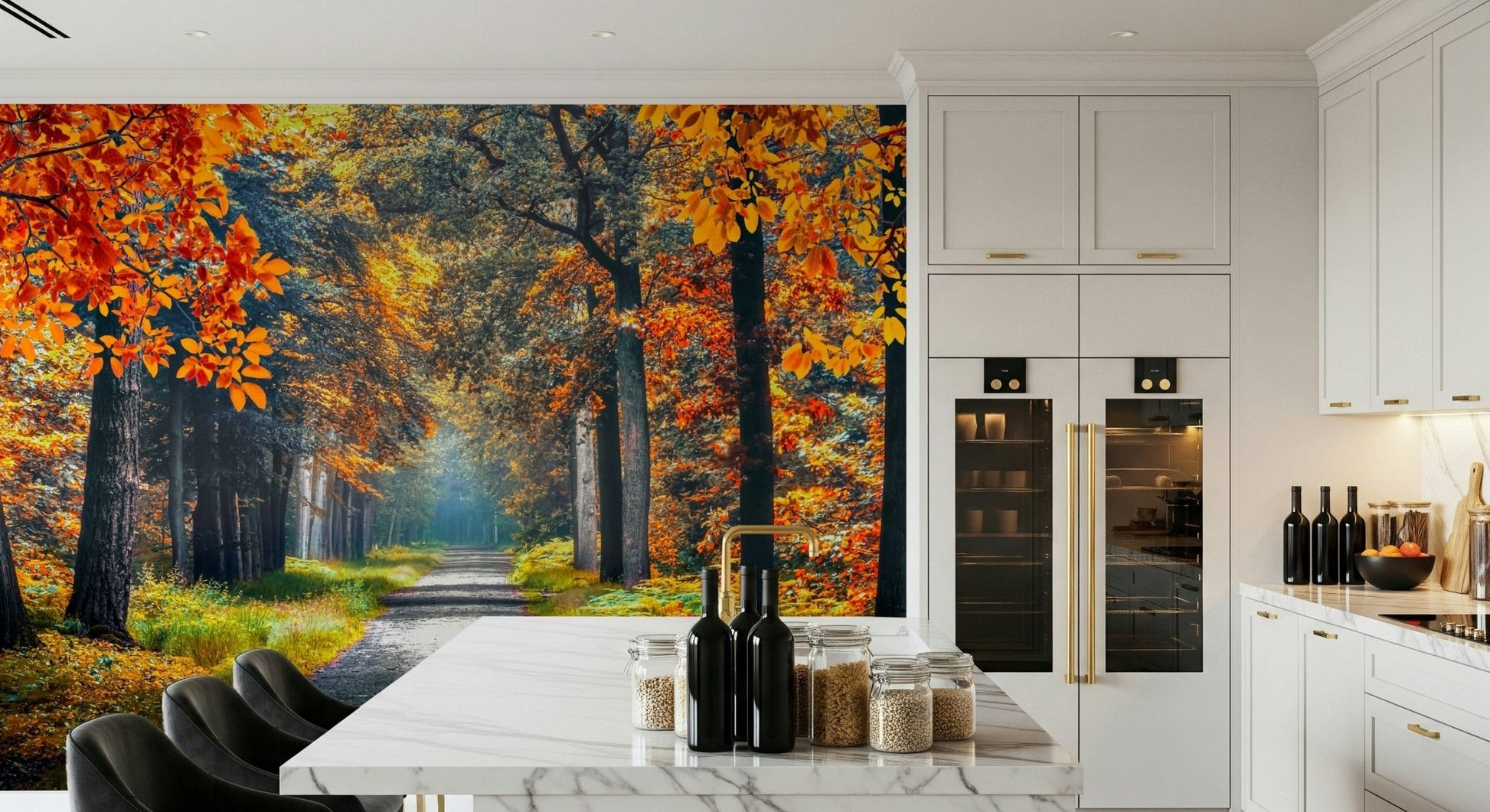 Autumn Path Wall Mural pairs naturally with this dining space and soft neutrals