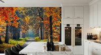 Autumn Path Wall Mural pairs naturally with this dining space and soft neutrals