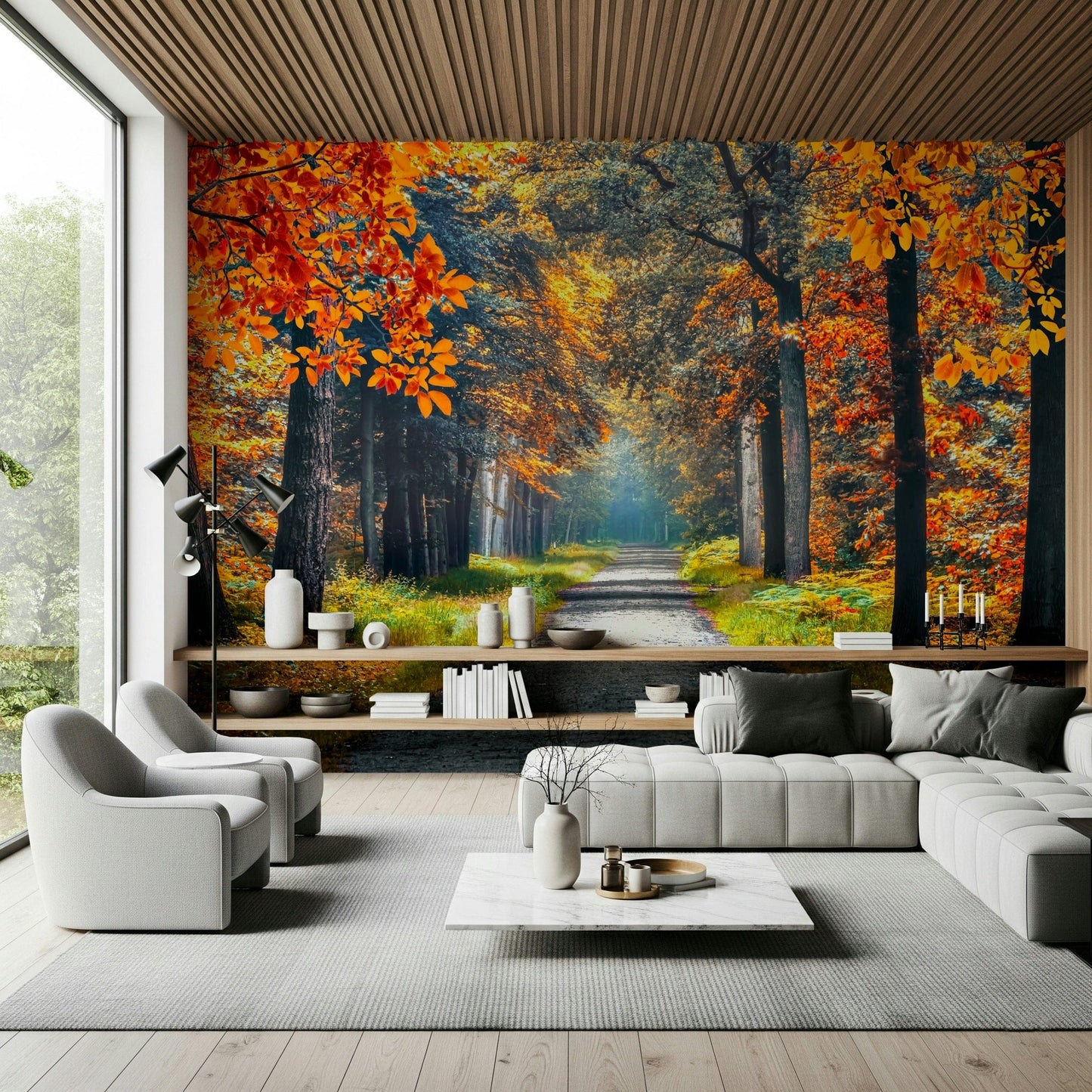 Autumn Path Wall Mural adds a calm tree-lined pathway to this wide lounge setting