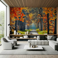 Autumn Path Wall Mural adds a calm tree-lined pathway to this wide lounge setting