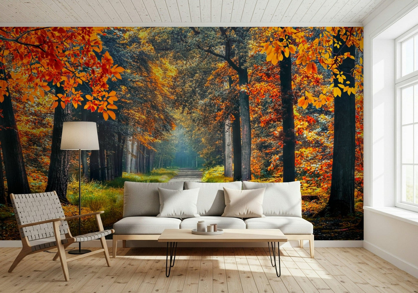 This relaxed sofa area feels warmer with Autumn Path Wall Mural across the wall