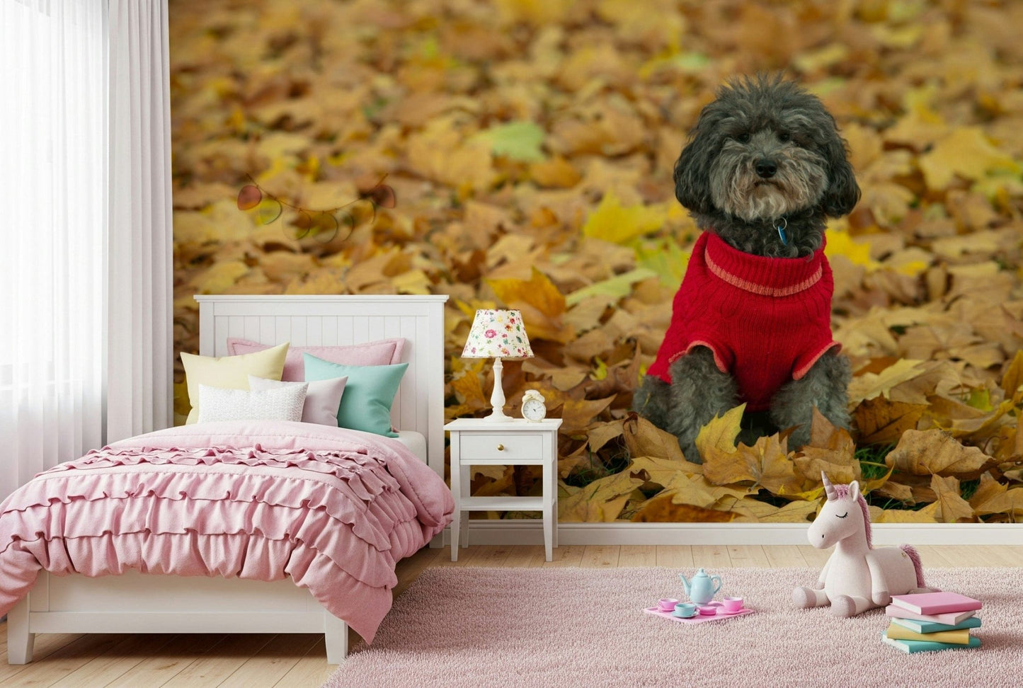 Golden leaf backdrop Autumn Pup Wall Mural wall art.