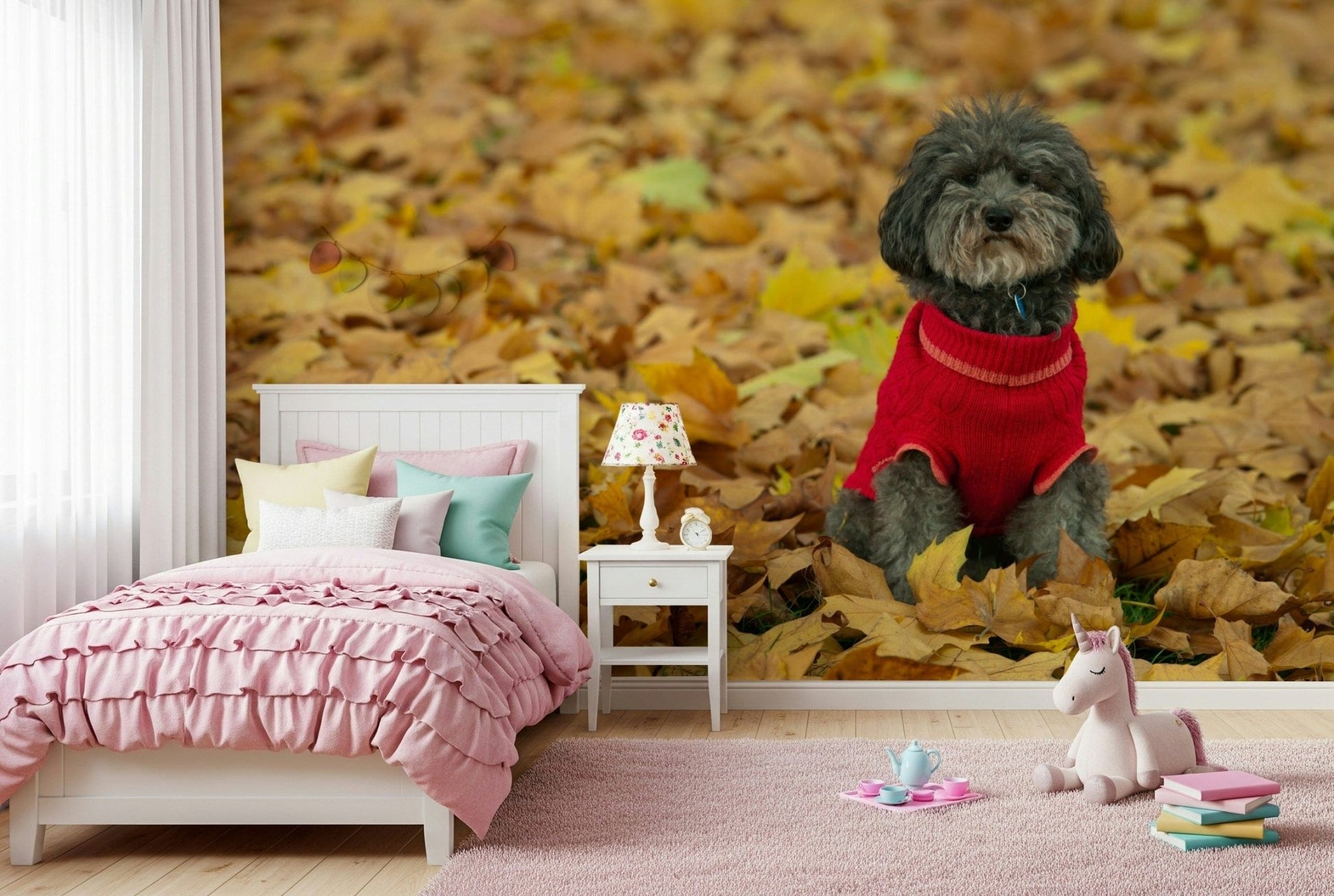 Golden leaf backdrop Autumn Pup Wall Mural wall art.
