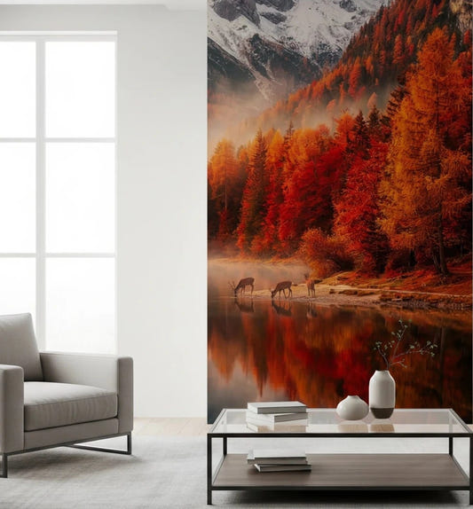Hallway with Autumn Reflections Wall Mural showing lake mirror scene